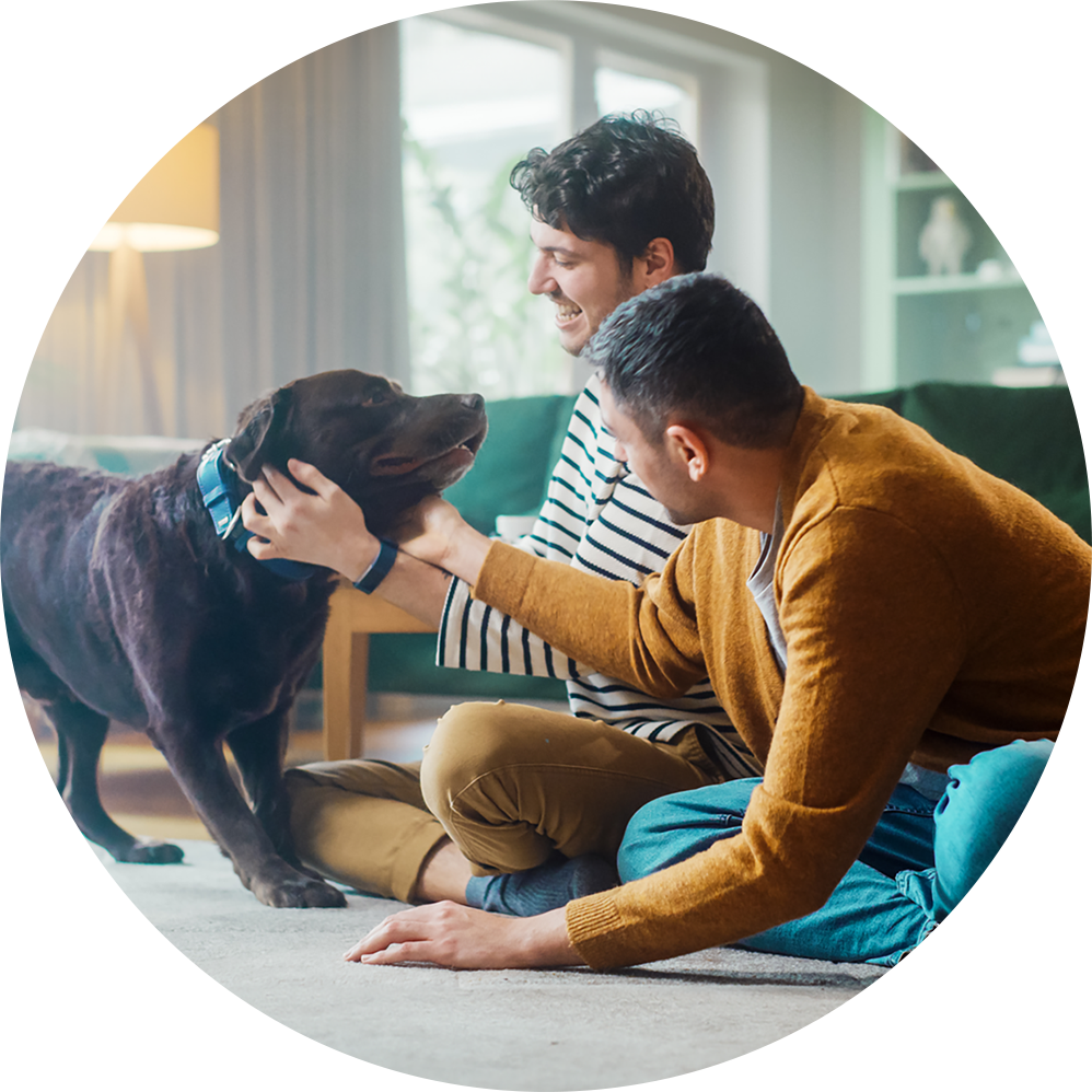 young men with their dog in on a couch